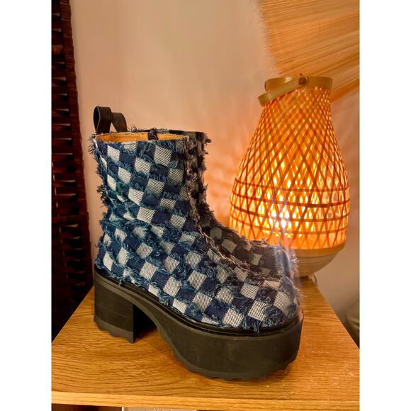 John Fluevog Shoes - John Fluevog Twirl Denim Checkerboard Patchwork Vegan Platform Boots in Sz W 11